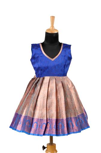Blue golden croton pattu pavadai frocks for kids
