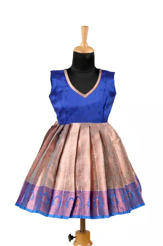 Blue golden croton pattu pavadai frocks for kids
