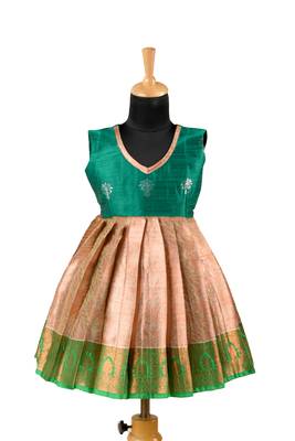 Green golden croton pattu pavadai frocks for kids 1
