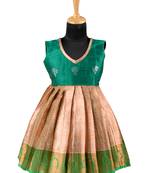 Green golden croton pattu pavadai frocks for kids