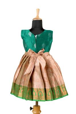 Green golden croton pattu pavadai frocks for kids 2