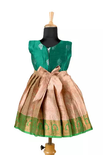 Green golden croton pattu pavadai frocks for kids