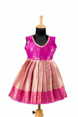 Pink golden croton pattu pavadai frocks for kids 1