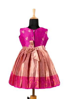 Pink golden croton pattu pavadai frocks for kids 2