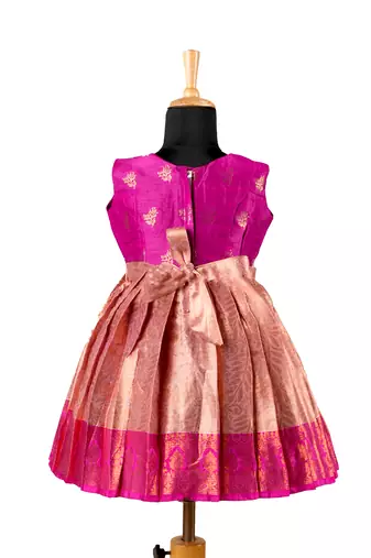 Pink golden croton pattu pavadai frocks for kids