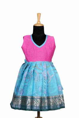 Girls blue chanderi floral pattu pavadai frocks 1