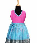 Girls blue chanderi floral pattu pavadai frocks