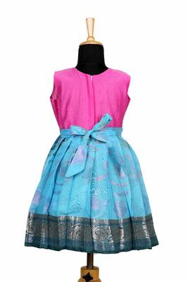 Girls blue chanderi floral pattu pavadai frocks 2