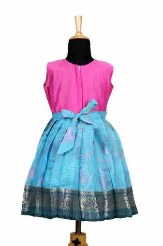 Girls blue chanderi floral pattu pavadai frocks