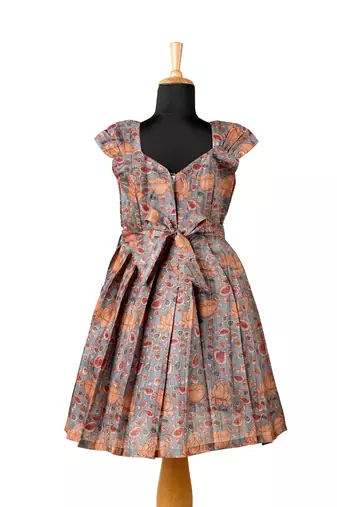 Girls grey kalamkari leaf pattu pavadai frocks