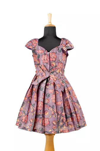 Girls lavender kalamkari leaf pattu pavadai frocks