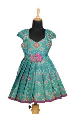 Girls teal green floral patola pattu pavadai frocks 1
