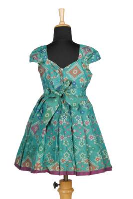 Girls teal green floral patola pattu pavadai frocks 2