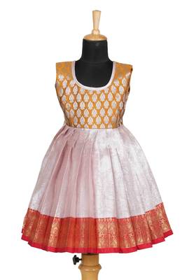 Girls red silver algae pattu pavadai frocks 1