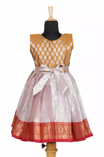 Girls red silver algae pattu pavadai frocks
