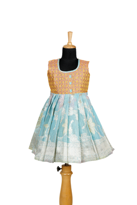 Girls blue turquoise pattu pavadai frocks 1