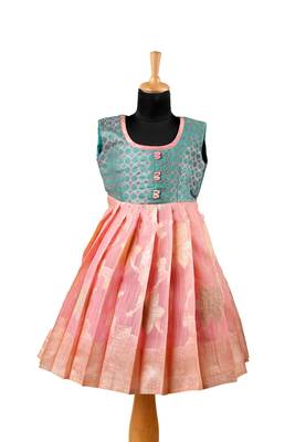 Girls peach turquoise baby pattu pavadai frocks 1