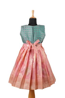 Girls peach turquoise baby pattu pavadai frocks 2