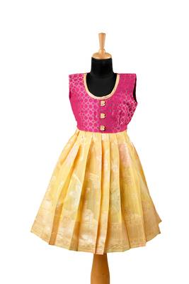 Girls yellow turquoise pattu pavadai frocks 1