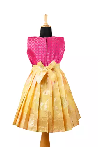 Girls yellow turquoise pattu pavadai frocks