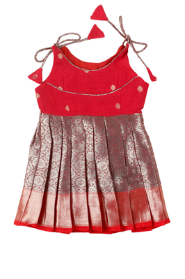 Red golden aster baby pattu pavadai frocks for girls 1