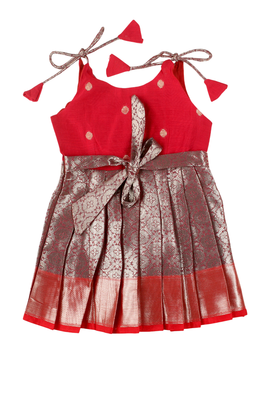Red golden aster baby pattu pavadai frocks for girls 2