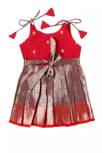Red golden aster baby pattu pavadai frocks for girls