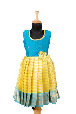 Girls yellow golden galaxi pattu pavadai frocks 1