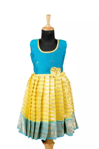 Girls yellow golden galaxi pattu pavadai frocks