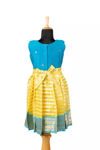 Girls yellow golden galaxi pattu pavadai frocks