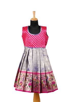 Girls blue paithani parakeet pattu pavadai frocks 1