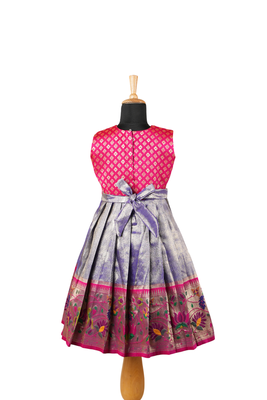 Girls blue paithani parakeet pattu pavadai frocks 2
