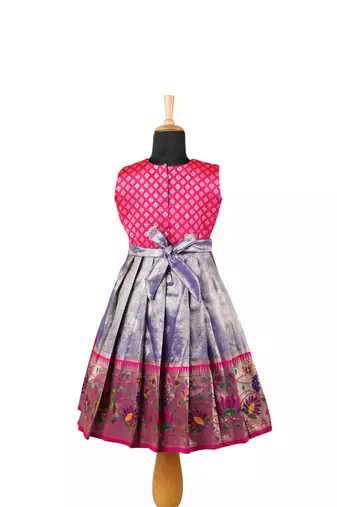 Girls blue paithani parakeet pattu pavadai frocks