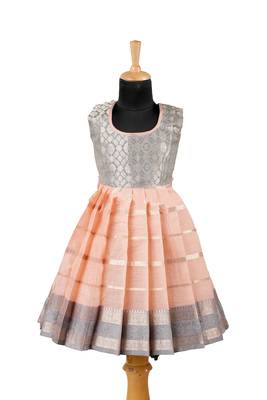 Peach floral lines baby pattu pavadai frockss 1