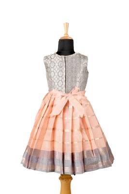 Peach floral lines baby pattu pavadai frockss 2