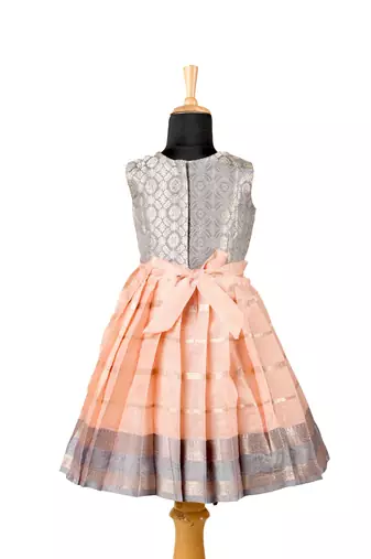 Peach floral lines baby pattu pavadai frockss