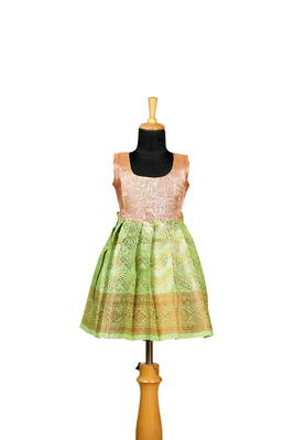 Girls green silver waves pattu pavadai frocks 1