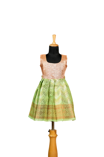 Girls green silver waves pattu pavadai frocks