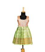 Girls green silver waves pattu pavadai frocks