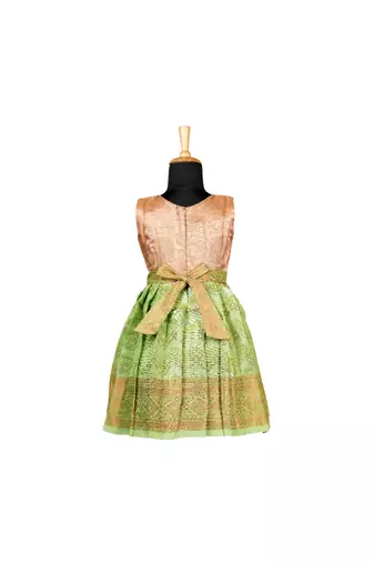 Girls green silver waves pattu pavadai frocks