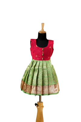 Girls green lotus garden pattu pavadai frocks 1