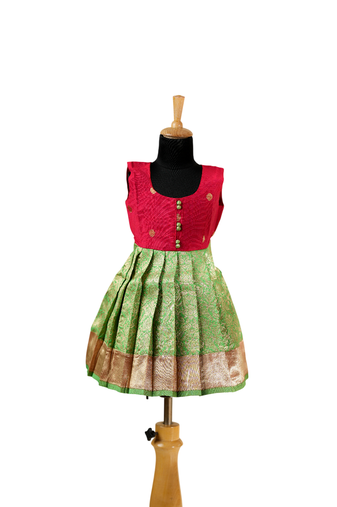 Girls green lotus garden pattu pavadai frocks