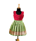 Girls green lotus garden pattu pavadai frocks