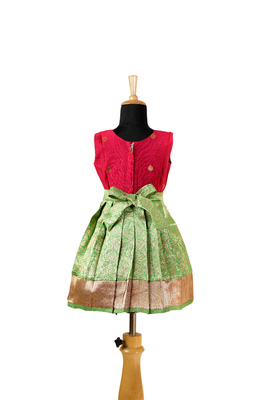 Girls green lotus garden pattu pavadai frocks 2