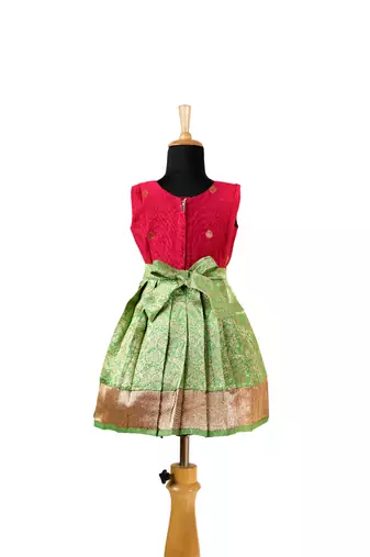Girls green lotus garden pattu pavadai frocks
