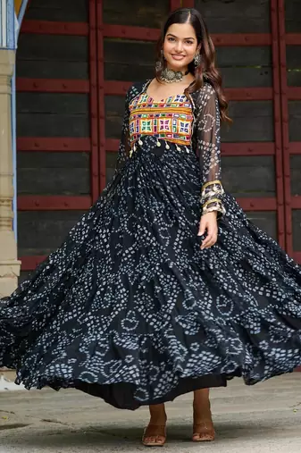 Black faux georgette badhni print with kutchi patche work navratri gown