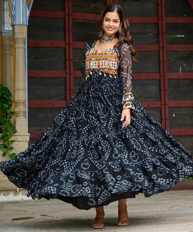 Black faux georgette badhni print with kutchi patche work navratri gown