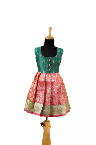 Girls peach lotus garden pattu pavadai frocks
