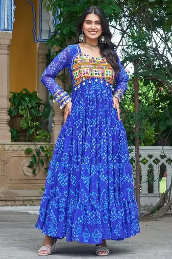 Blue faux georgette badhni print with kutchi patche work navratri gown