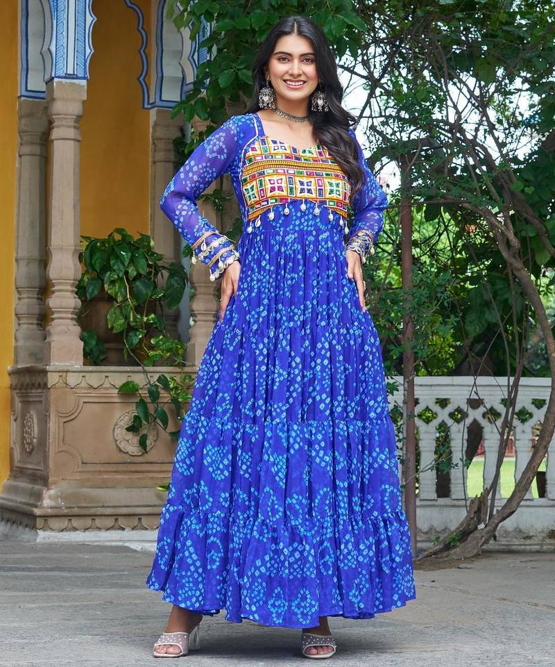 Blue faux georgette badhni print with kutchi patche work navratri gown